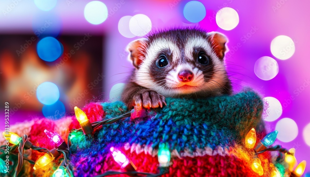 A cute ferret peeks out from a colorful knitted blanket adorned with vibrant holiday lights in a cozy, festive setting. A cute ferret peeks out from a colorful knitted blanket adorned with vibrant holiday lights in a cozy, festive setting.