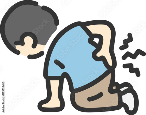 腰痛で立ち上がれない、男性のアイコン（線画カラー）のイラスト