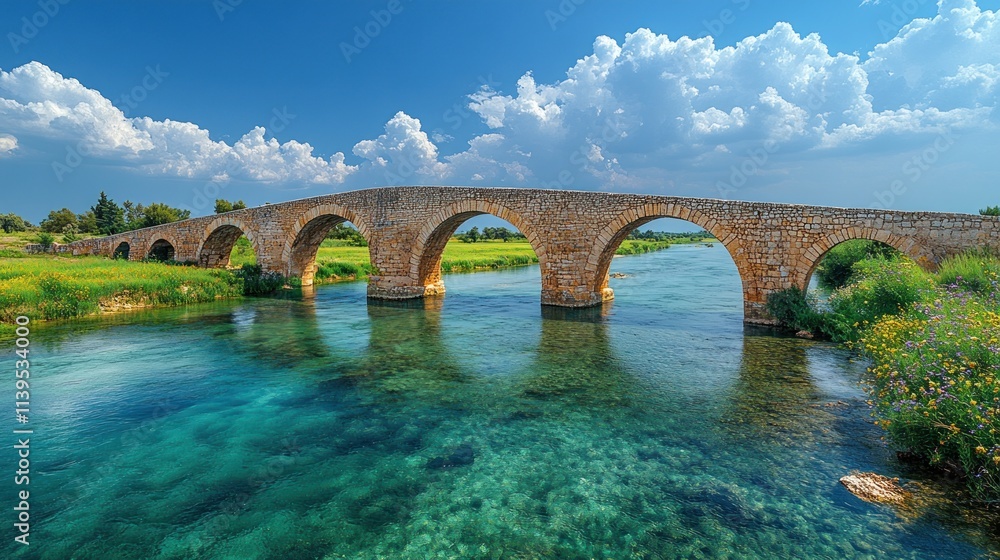 Fototapeta premium A picturesque stone bridge spanning a clear river under a bright blue sky with fluffy clouds.