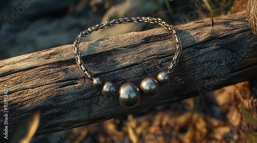 Silver Round Bracelet with Three Beads Hanging on a Rusty Nail Background

 photo