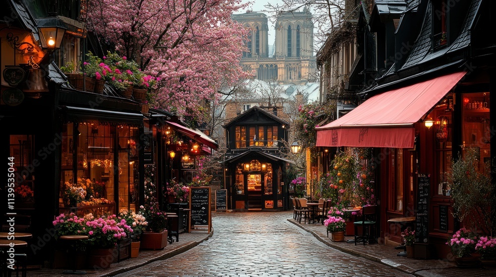 A picturesque street lined with blooming flowers and charming cafes, evoking a serene atmosphere. A picturesque street lined with blooming flowers and charming cafes, evoking a serene atmosphere.