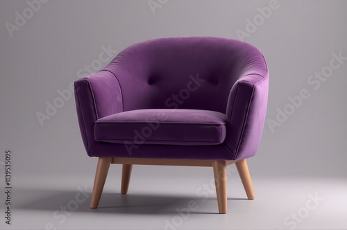 Sitting gracefully in a softly lit space, a plush purple velvet chair with rounded arms and wooden legs offers a touch of luxury photo