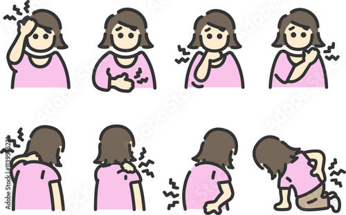 いろいろな身体症状の、女性のアイコン（線画カラー）のイラストセット