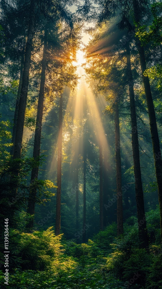 Obraz premium Sunbeams Illuminating Mystical Forest
