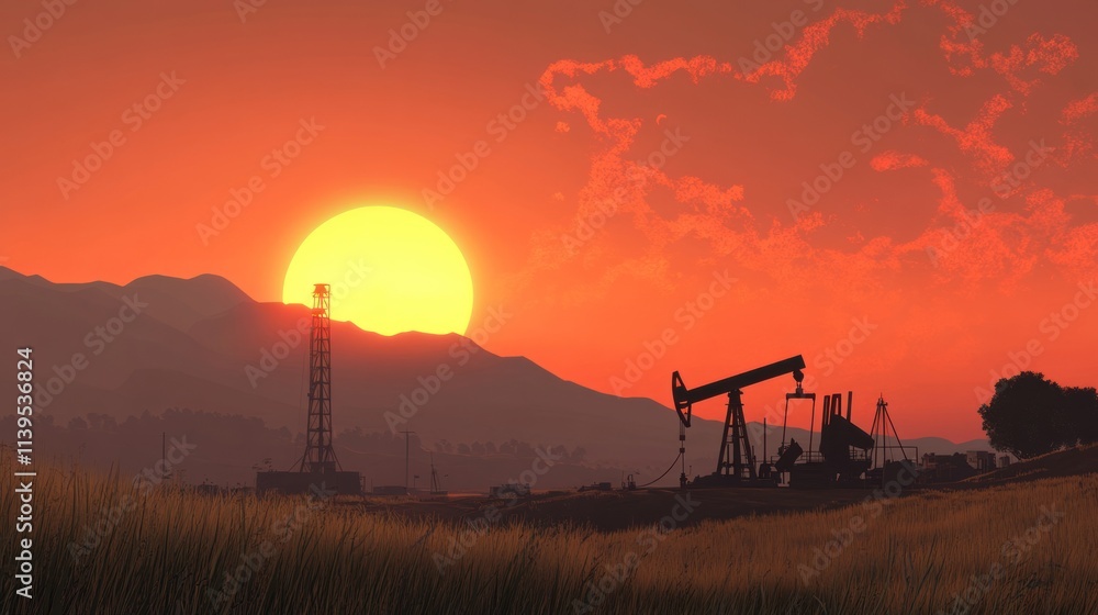 Fototapeta premium A sunset silhouette of an oil rig against a vibrant sky and mountains.