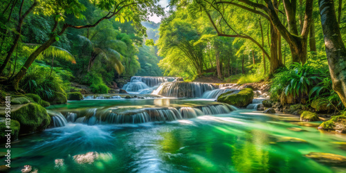 serene landscape featuring cascading waterfalls surrounded by lush green foliage, creating tranquil atmosphere. vibrant emerald waters reflect sunlight beautifully