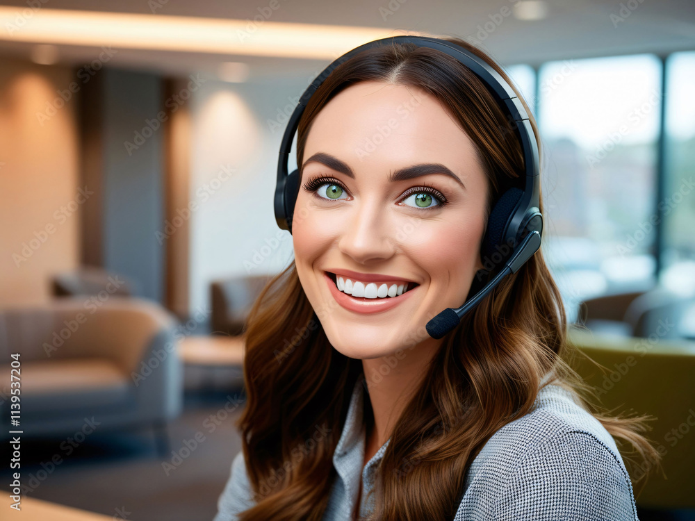 A cheerful woman wearing a headset is engaged in her work at a contemporary office. She has long, wavy hair and bright green eyes, showcasing a friendly demeanor as she interacts with clients. A cheerful woman wearing a headset is engaged in her work at a contemporary office. She has long, wavy hair and bright green eyes, showcasing a friendly demeanor as she interacts with clients.