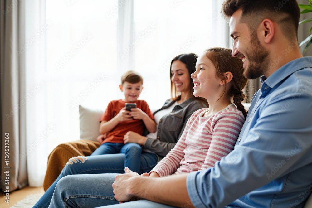 Happy Family Enjoying Quality Time Together on Sofa, Perfect for Advertising Family Bonding and Home Decor Happy Family Enjoying Quality Time Together on Sofa, Perfect for Advertising Family Bonding and Home Decor