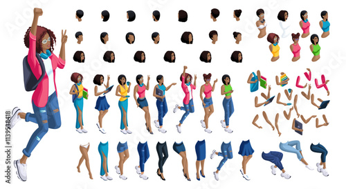 Isometric cartoon people, 3D Set for creating Black Student person. Full length gestures isolated, N5. Create your own design for vector