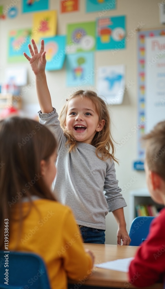 Eager girl raising hand in classroom while participating in lesson with classmates Eager girl raising hand in classroom while participating in lesson with classmates