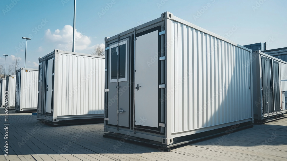 Three white shipping containers are stacked on top of each other Three white shipping containers are stacked on top of each other