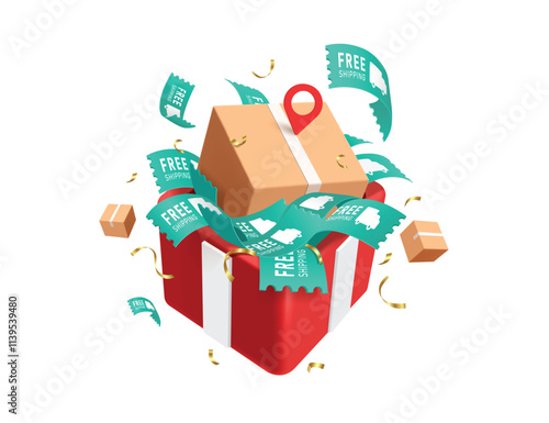 Green free shipping promotion tag and cardboard box or parcel box placed in red gift box for delivery promotion advertising, vector 3d isolated on white background for advertising design