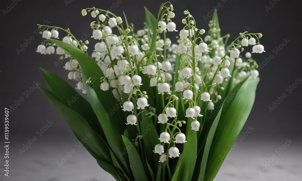 Obraz premium Bouquet of lily of the valley stems with greenery and foliage, garden flowers, lily of the valley stems