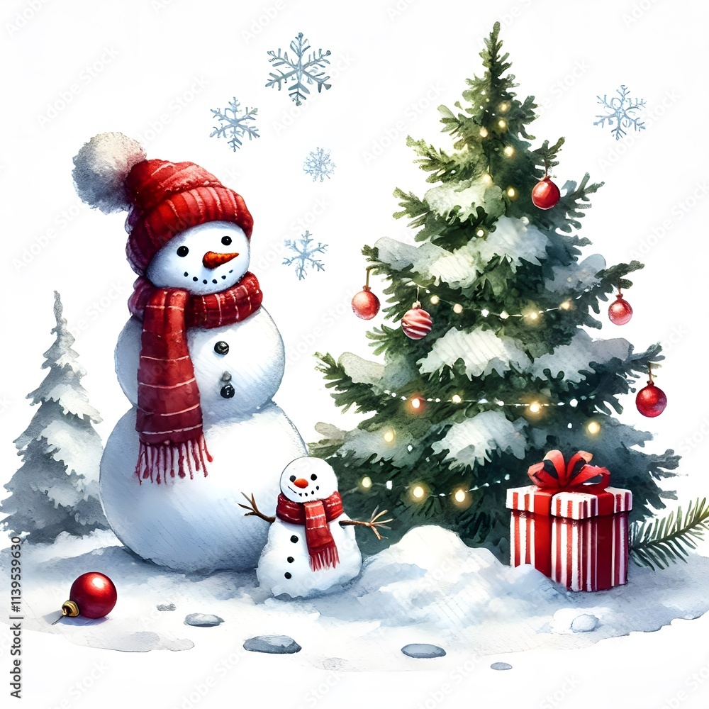Fototapeta premium snowman with christmas tree
