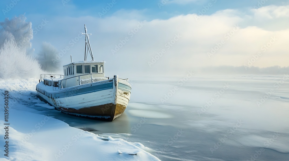 Frozen Fishing Boat, Winter Landscape, Ice River Frozen Fishing Boat, Winter Landscape, Ice River