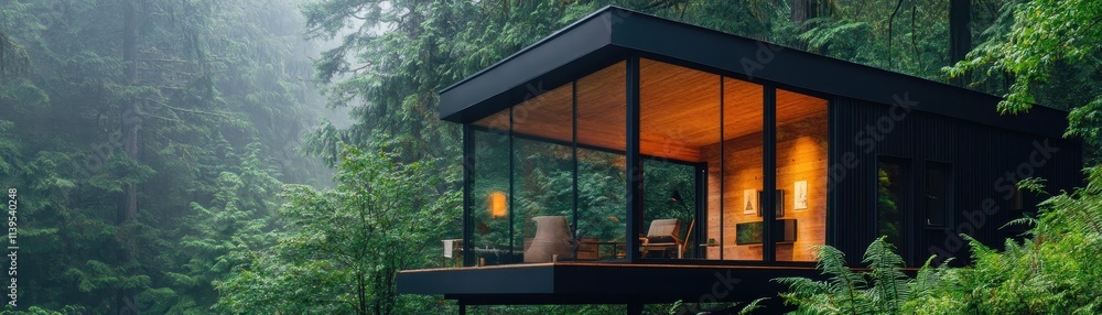 Obraz premium Cozy Sustainable Prefabricated Cabin Nestled in a Lush Forest Retreat