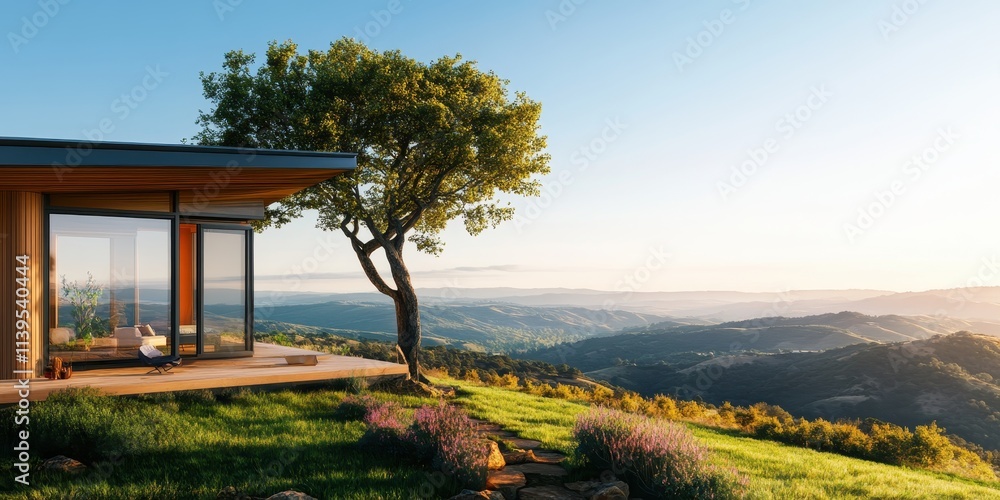 Obraz premium A prefabricated home perched on a hill overlooking a serene valley, blending modern design with natural beauty.