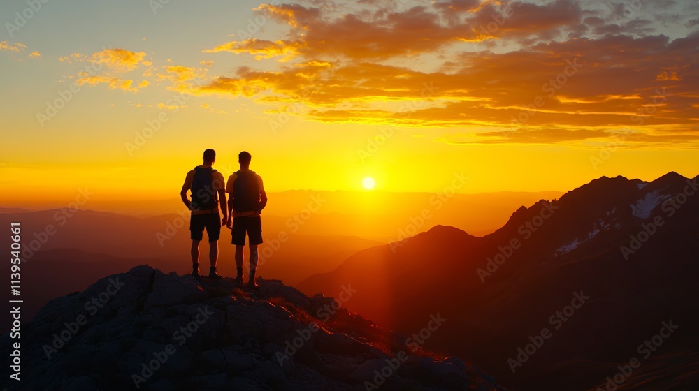 Two people standing on top of a mountain at sunset Two people standing on top of a mountain at sunset