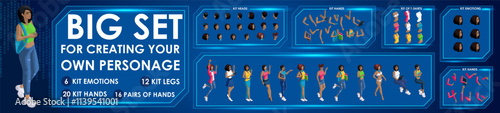 Isometric Woman Black characters constructor for designed N3. Presentation in various action. Set of Students personages flat style illustration