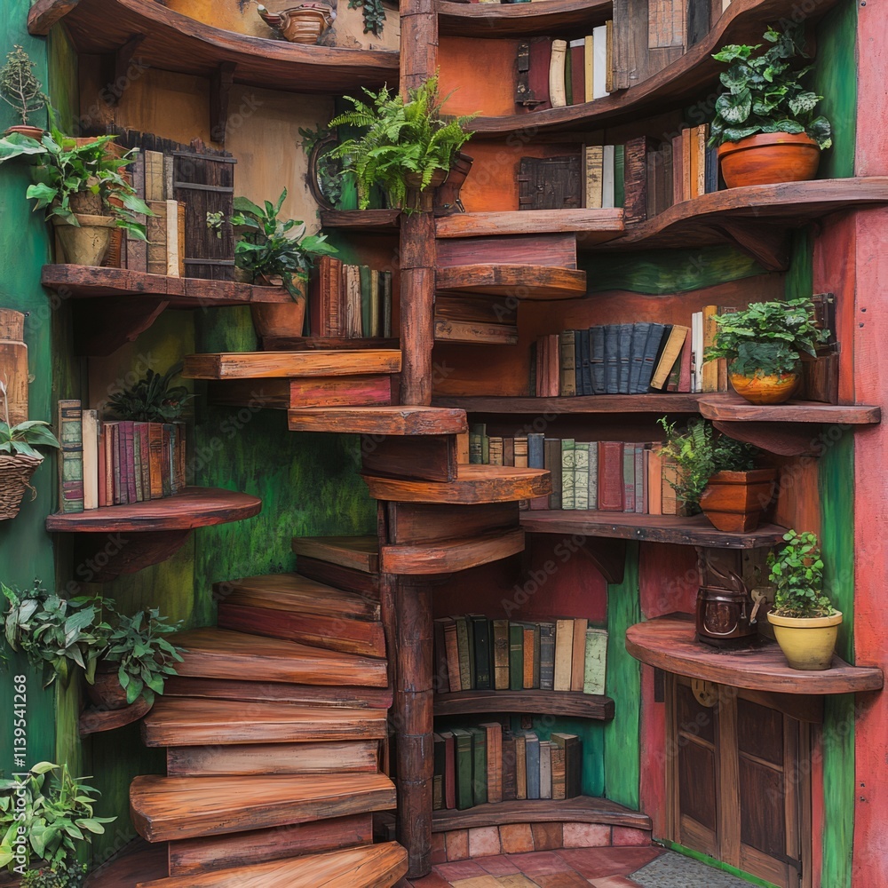 Winding Wooden Bookcase Staircase with Plants and Books Winding Wooden Bookcase Staircase with Plants and Books