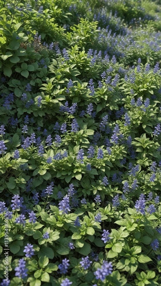 Obraz premium A carpet of bugleweed with blue flowers and green leaves adds texture to the garden, green carpet, flowering carpet, foliage carpet