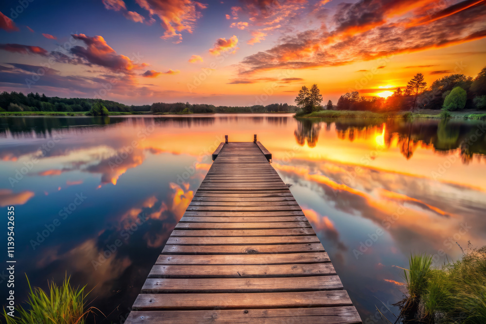 weathered wooden pier stretches into tranquil lake at sunset, reflecting vibrant colors in water. serene landscape evokes sense of peace and beauty weathered wooden pier stretches into tranquil lake at sunset, reflecting vibrant colors in water. serene landscape evokes sense of peace and beauty
