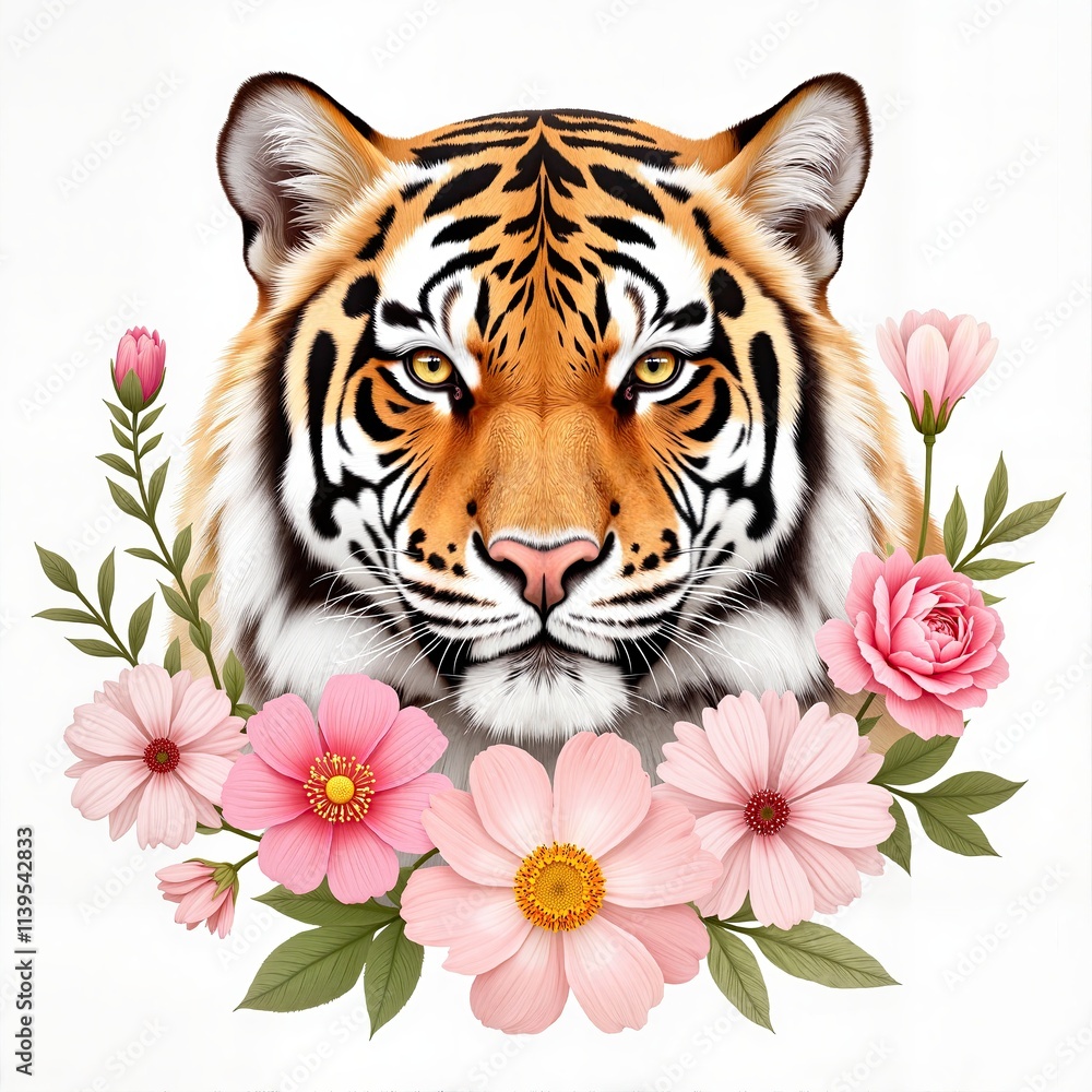 Fototapeta premium Gentle Tiger Portrait with Soft Pink Floral Accents, Print for T-Shirt