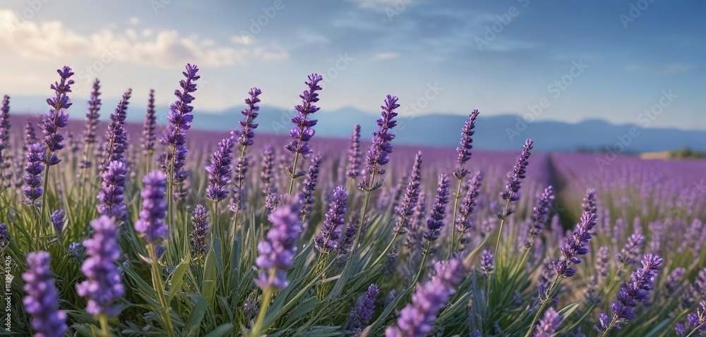 Fototapeta premium The vibrant colors of blooming lavender against the backdrop of a clear blue sky, flowers, countryside