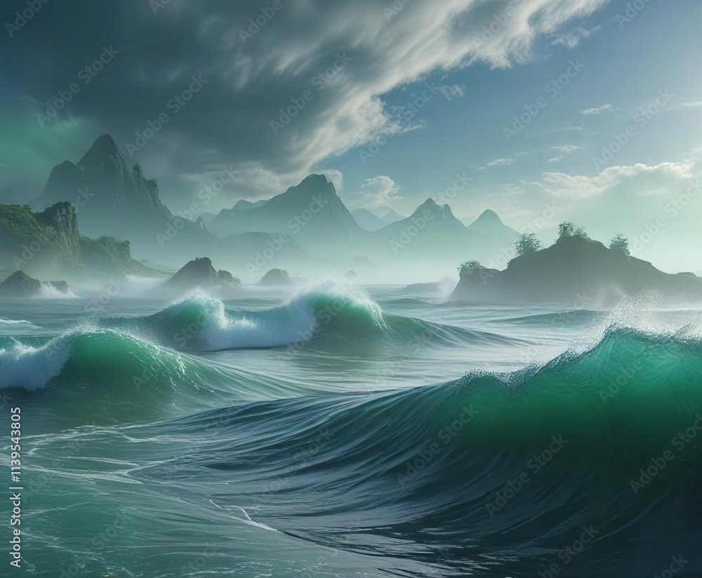 Fototapeta premium Swirling blue and green misty atmosphere with wave-like shapes in the distance, cosmic energy, blue green mist, atmospheric effects