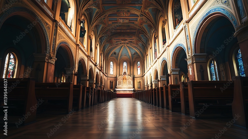 Fototapeta premium Empty church interior, architectural detail. Concept of faith, spirituality, and religion.