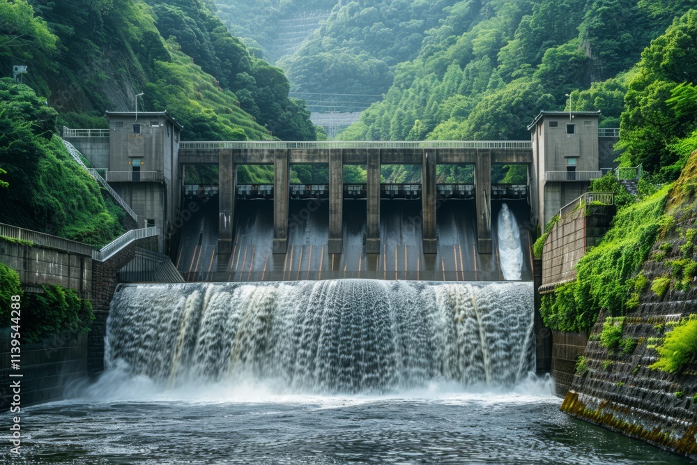 Scenic View of a Majestic Waterfall Flowing from a Modern Dam Surrounded by Lush Greenery in a Serene Mountainous Landscape Scenic View of a Majestic Waterfall Flowing from a Modern Dam Surrounded by Lush Greenery in a Serene Mountainous Landscape