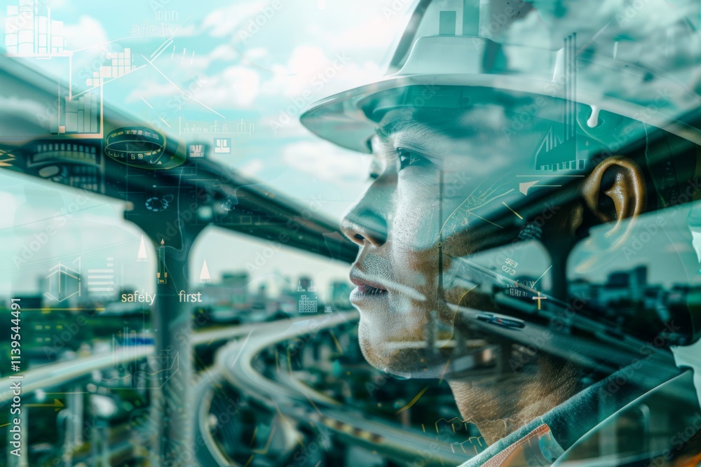 Fototapeta premium Engineer Visioning Future City Development with Overlay of Urban Infrastructure Concepts and Data Analysis for Safety and Innovation