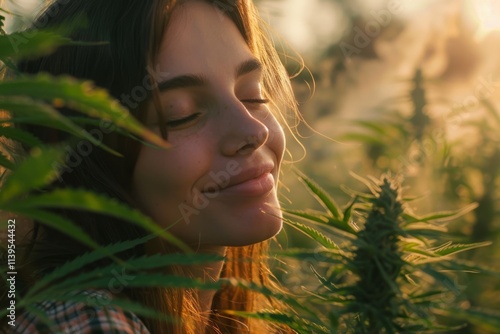 Serene Woman in Nature Surrounded by Green Foliage with Soft Glow of Sunlight Playing Through Leaves photo