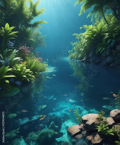 Shimmering blue water with subtle aquatic life and plants suspended within, plant, life photo