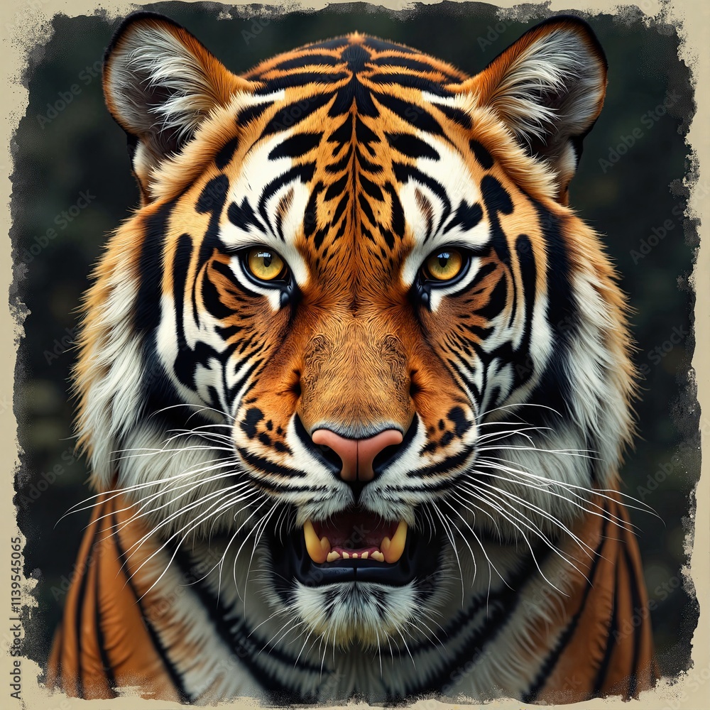 Fototapeta premium Majestic Tiger Portrait with Dramatic Golden Highlights, Print for T-Shirt