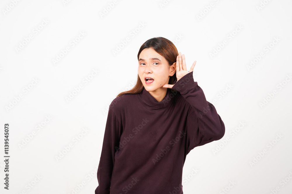 Cant Hear Come Closer Gesture Of Beautiful Asian Woman Isolated On White Background Cant Hear Come Closer Gesture Of Beautiful Asian Woman Isolated On White Background