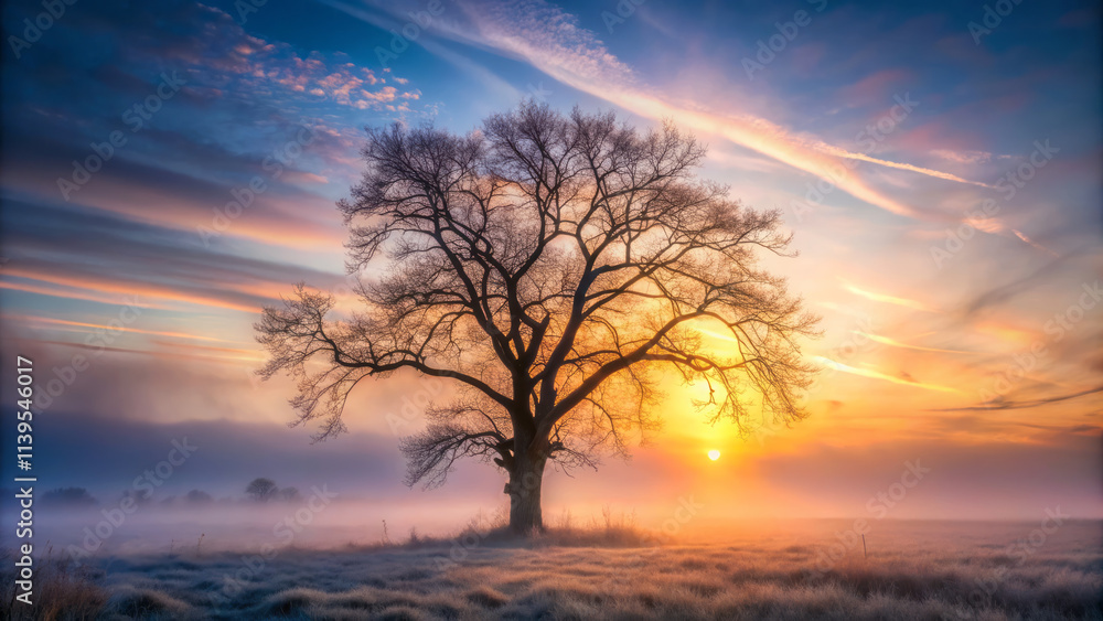 solitary tree stands silhouetted against bold sunset, surrounded by mist and soft grass. vibrant colors of sky create serene and tranquil atmosphere solitary tree stands silhouetted against bold sunset, surrounded by mist and soft grass. vibrant colors of sky create serene and tranquil atmosphere