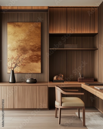 new Chinese study, high-end design, wood and bamboo furniture with minimalist aesthetics photo