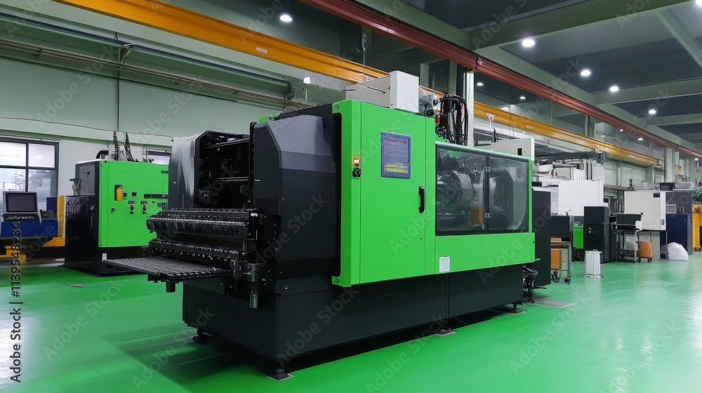 Large green industrial injection molding machine in a factory. Large green industrial injection molding machine in a factory.