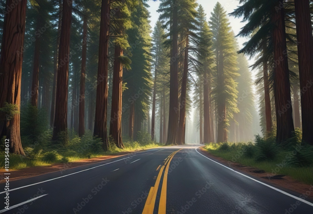 Naklejka premium An empty highway lined with tall redwood trees, scenery, foliage