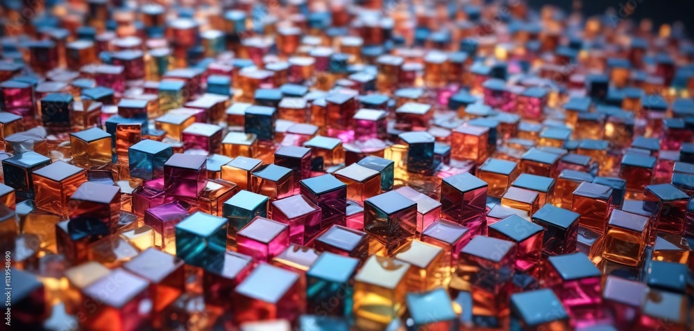 Obraz premium Abstract background of colorful glass cubes scattered on a flat surface, geometric shapes, reflective neon purple blue orange glass cubes background copy space