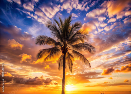 solitary palm tree stands against vibrant sunset sky filled with pastel colors, creating serene and tranquil atmosphere photo