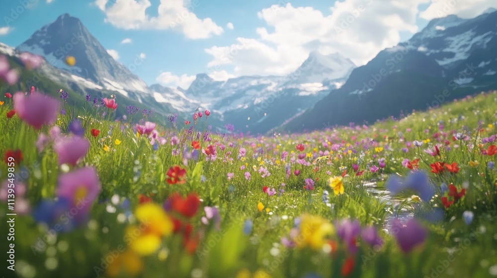 Fototapeta premium Colorful alpine meadow with wildflowers, mountains, and snow. 