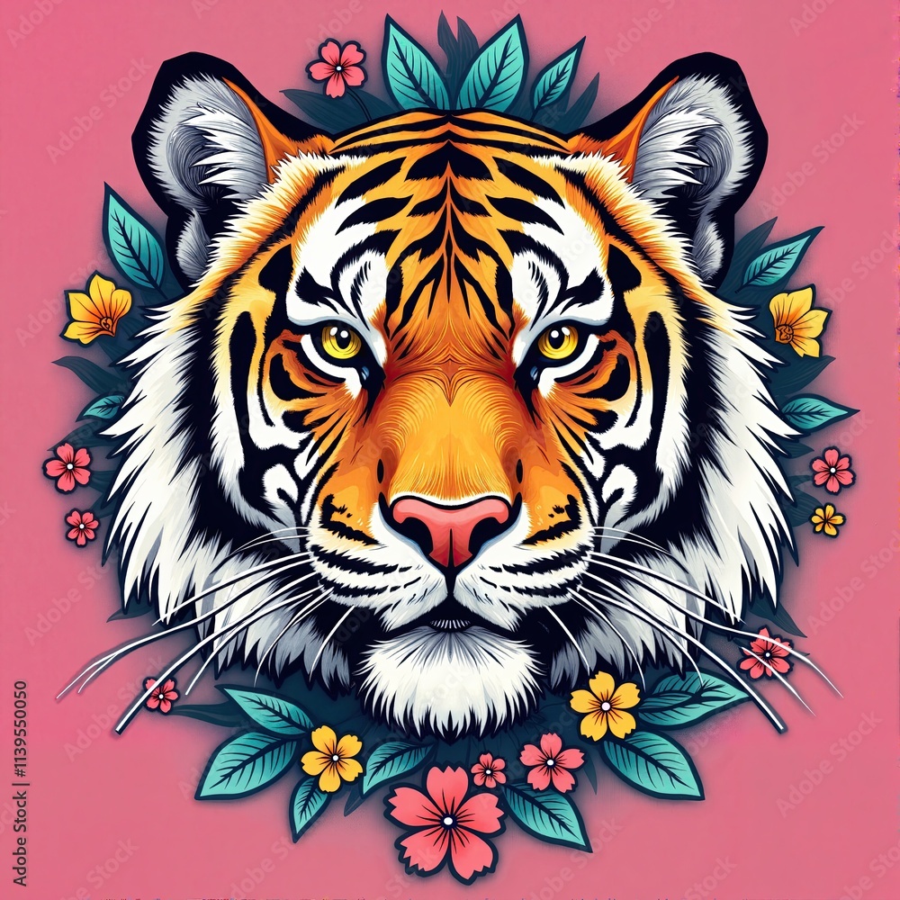 Fototapeta premium Floral Tiger Portrait with Vibrant Colors and Artistic Floral Wreath, Print for T-Shirt
