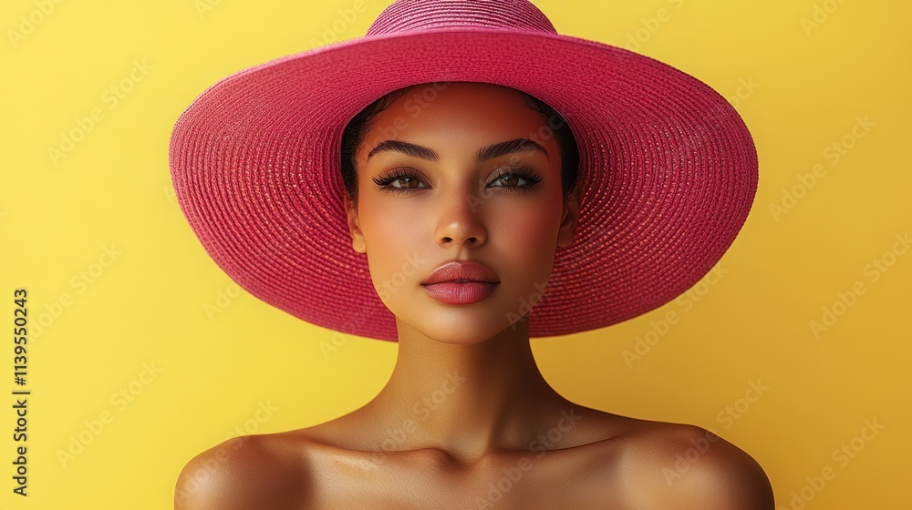 A portrait of a woman wearing a large pink hat against a bright yellow background. A portrait of a woman wearing a large pink hat against a bright yellow background.