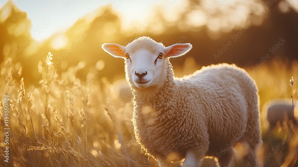 Obraz premium Adorable lamb in golden sunset field. Concept of innocence, countryside, and farm life.