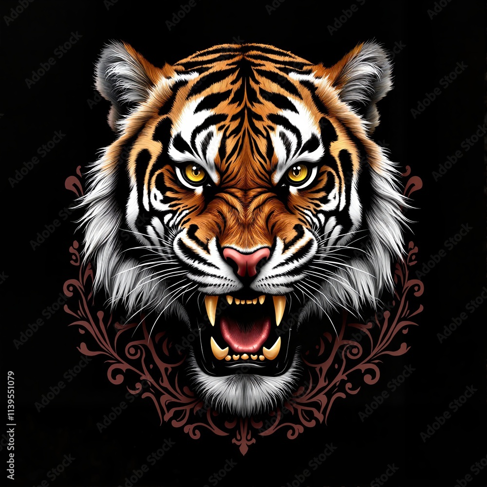 Bold Tiger Portrait with Intense Black Background and Vibrant Highlights, Print for T-Shirt Bold Tiger Portrait with Intense Black Background and Vibrant Highlights, Print for T-Shirt