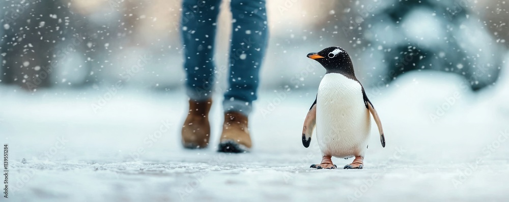 Obraz premium wildlife rescue rehabilitation concept. A penguin walks in the snow, with a person in boots nearby, creating a charming winter scene filled with snowfall.