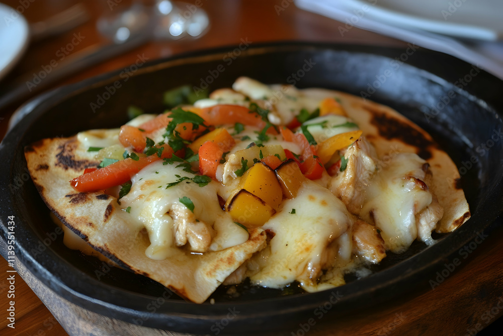 Delicious Chicken Quesadilla with Melted Cheese and Vegetables - A Realistic Food Image Delicious Chicken Quesadilla with Melted Cheese and Vegetables - A Realistic Food Image