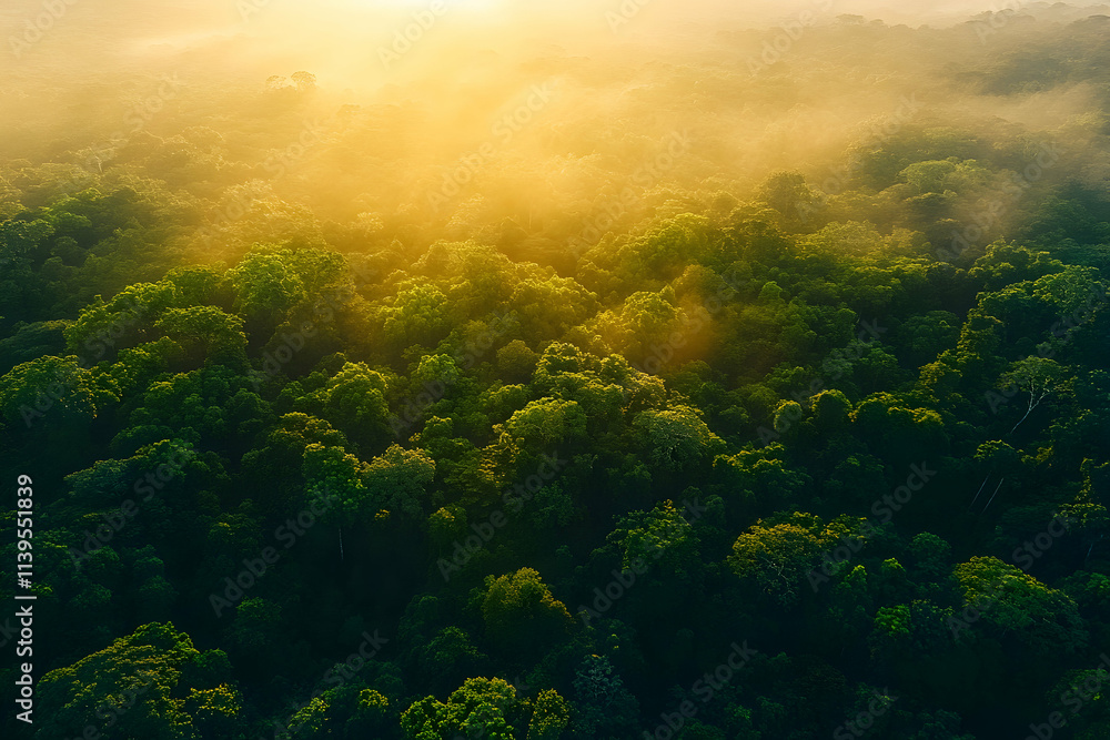 Aerial View Golden Sunrise Rainforest Aerial View Golden Sunrise Rainforest